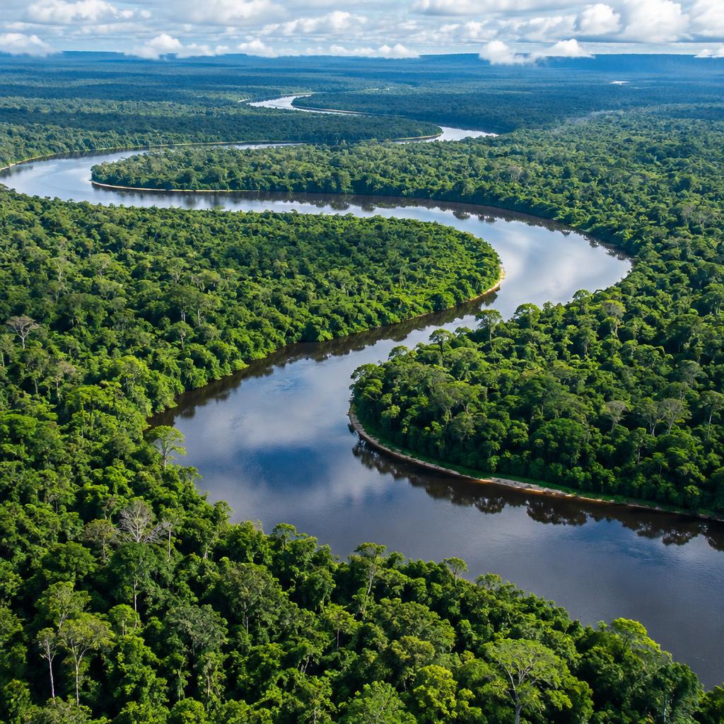 A winding river through the lush Peruvian Amazon rainforest